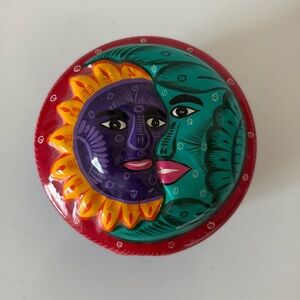 Mexican Folk Art Celestial Sun & Moon Ceramic Trinket Box Hand Painted Round Box